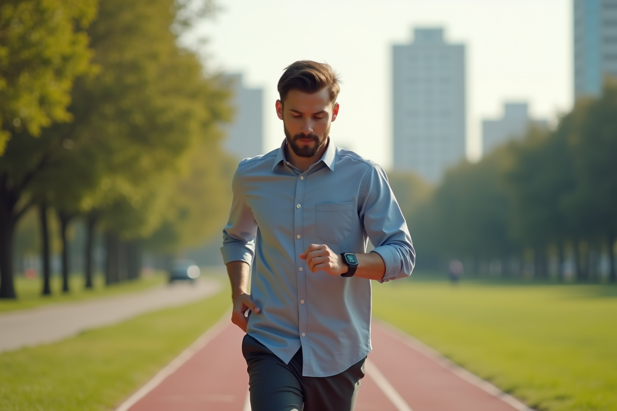 Homme courant dans un parc urbain vérifiant son smartwatch