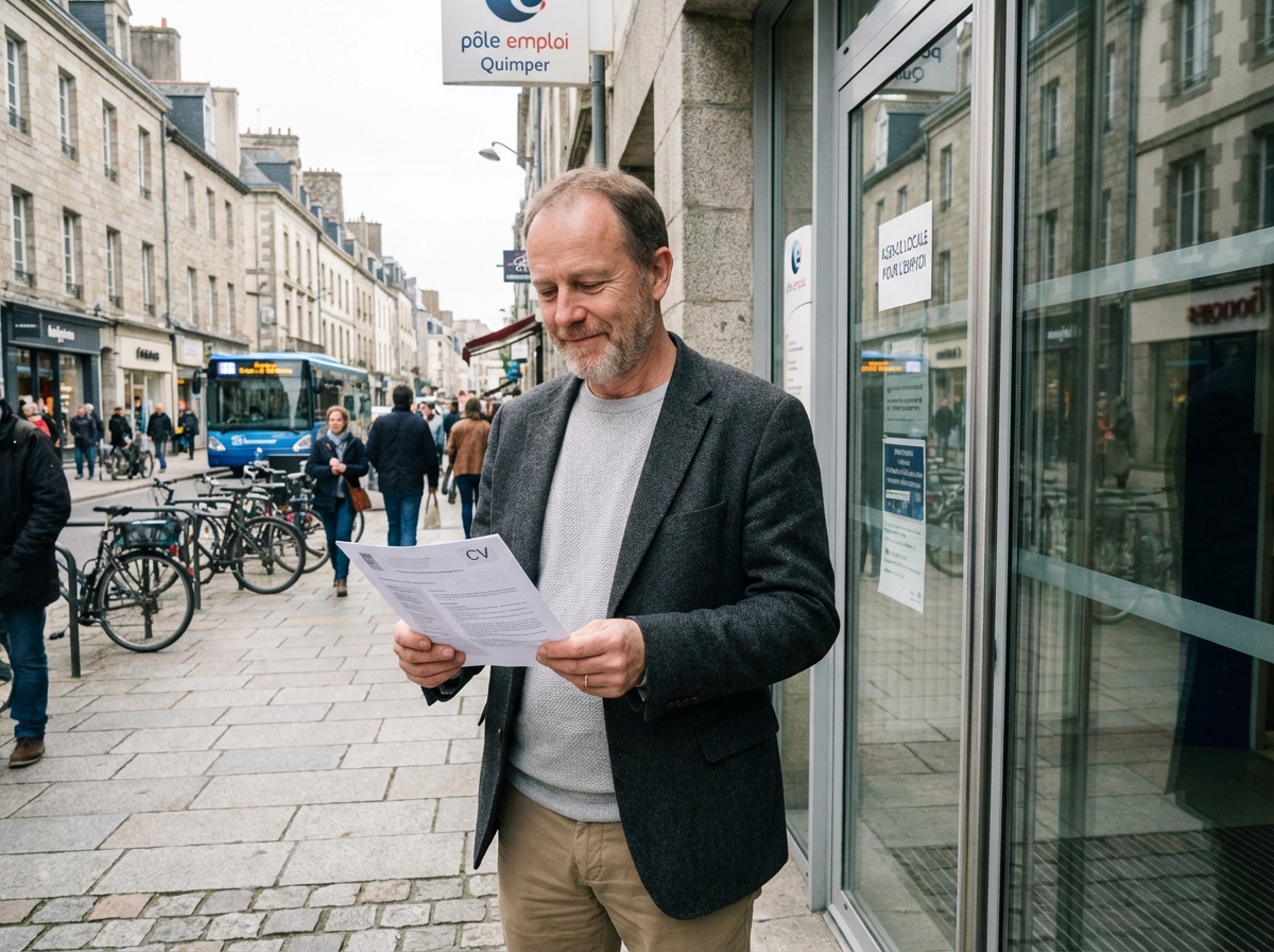 Homme en ext&eacute;rieur v&eacute;rifiant un CV devant une agence d