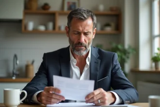 Homme d'une quarantaine regardant des papiers de rejet