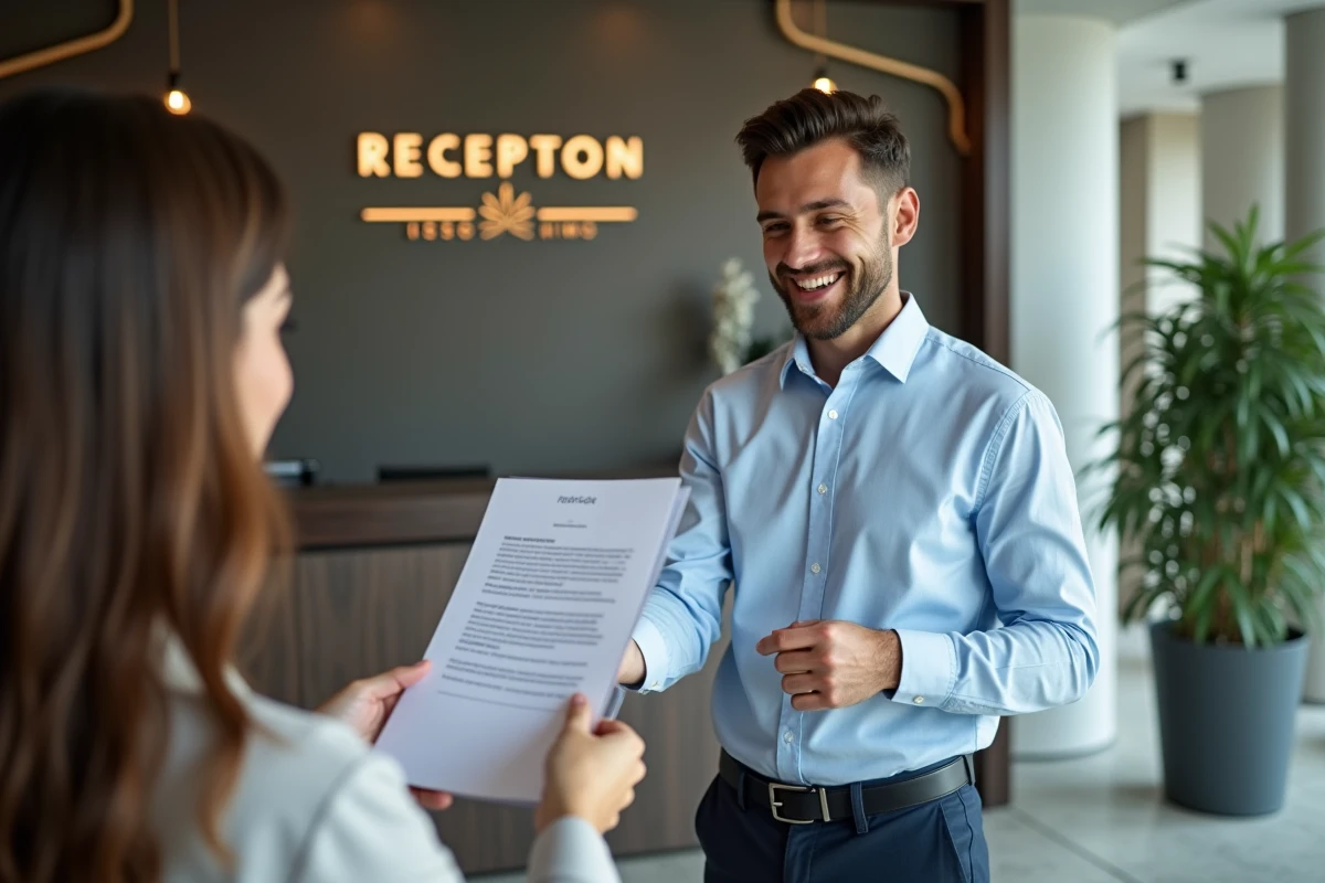 Homme remettant son CV &agrave; la r&eacute;ception d