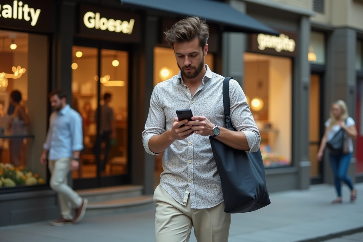 Jeune homme dans la rue avec sac et smartphone en ville animée
