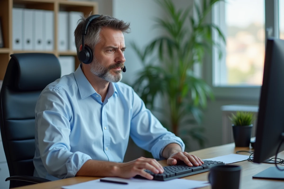 Homme en chemise bleue travaillant au bureau pour support client