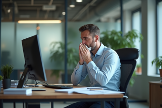 Homme d'affaires fatigué se mouchant au bureau