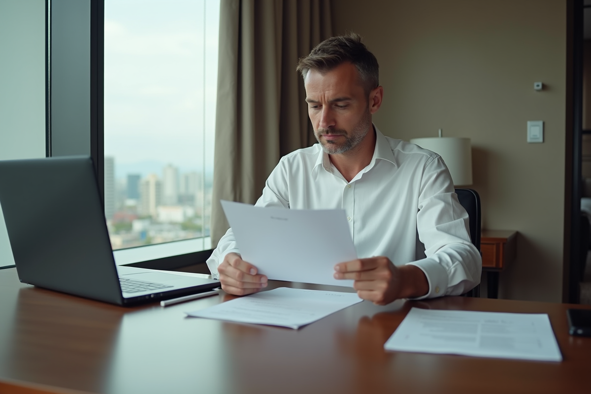 Homme en réunion dans un hôtel avec documents