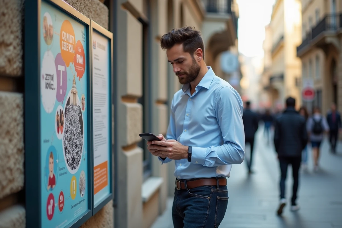 Homme en ville scannant un code QR sur une affiche sociale