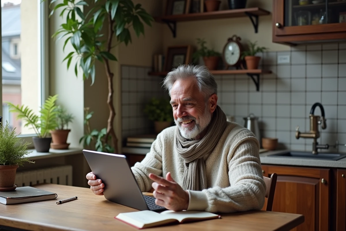 Homme en visioconference dans un appartement parisien cosy