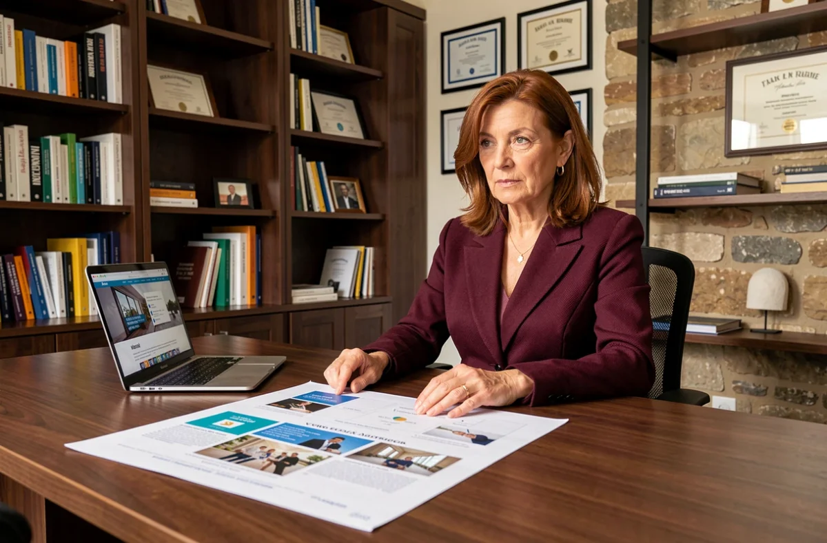 Directrice de l'agence IB Publicité examinant des maquettes de campagne et de site web