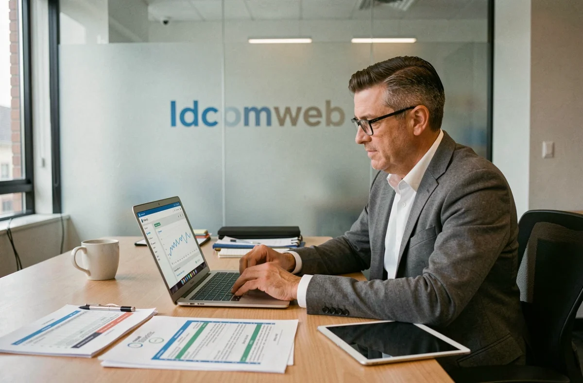 Chef de projet de l'agence Idcomweb analysant des données web sur laptop et tablette dans un bureau organisé