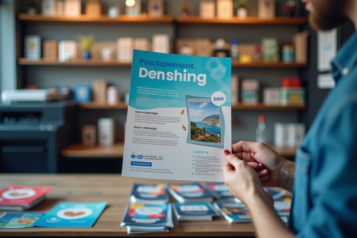 Mains tenant un flyer fraîchement imprimé devant un atelier d