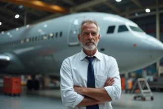Ingénieur aéronautique senior debout devant un fuselage d'avion commercial dans un hangar industriel, symbolisant les défis politiques de Boeing et Airbus