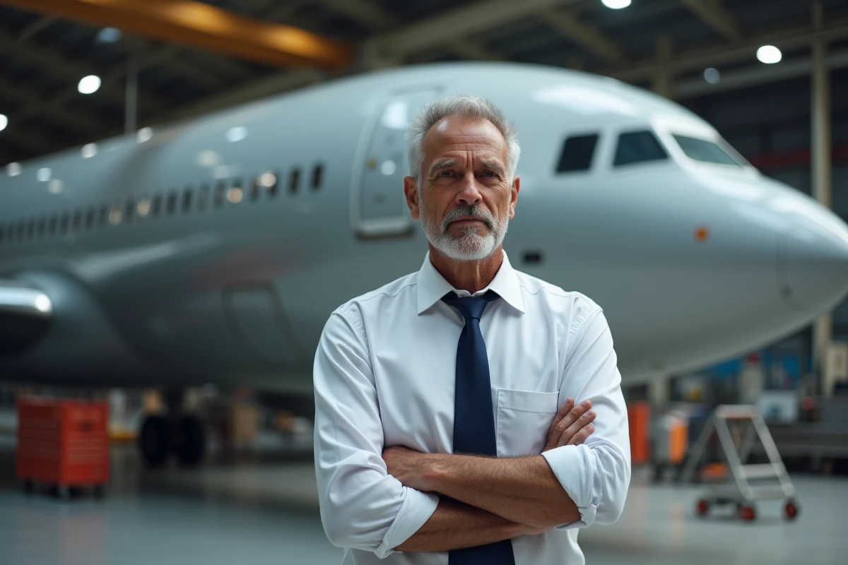 Ingénieur aéronautique senior debout devant un fuselage d'avion commercial dans un hangar industriel, symbolisant les défis politiques de Boeing et Airbus