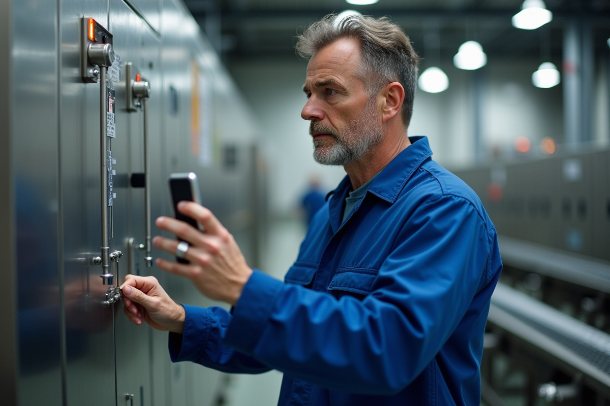 Ingénieur en bleu contrôlant un panneau numérique en usine