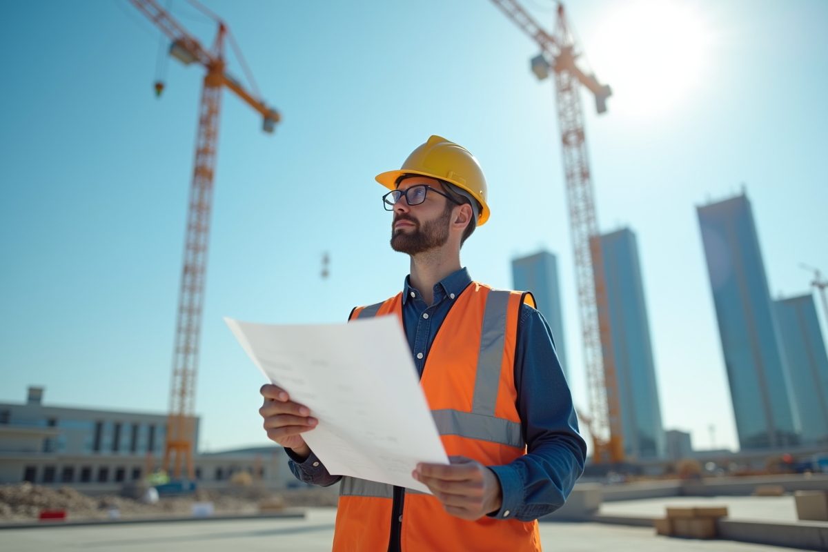 Ingénieur sur un chantier avec casque et plans pour l