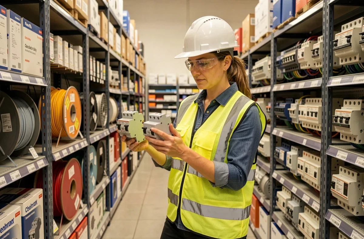 Ingénieure en électricité choisissant des disjoncteurs dans un magasin spécialisé en matériel électrique