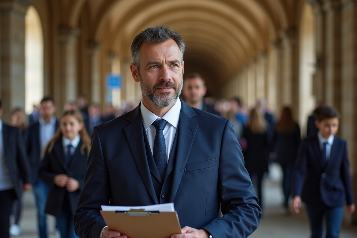 Inspecteur administratif dans un hall historique surveillant la circulation