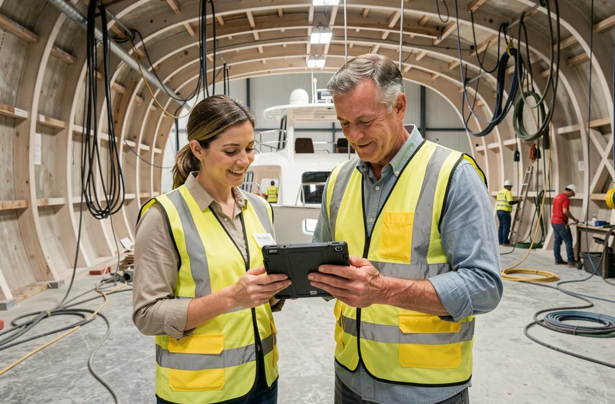 Deux professionnels en gilets haute visibilité inspectant un yacht en construction dans un grand hangar de chantier naval