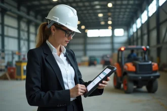 Inspectrice terrain consultant une checklist de conformité réglementaire sur tablette dans un entrepôt industriel