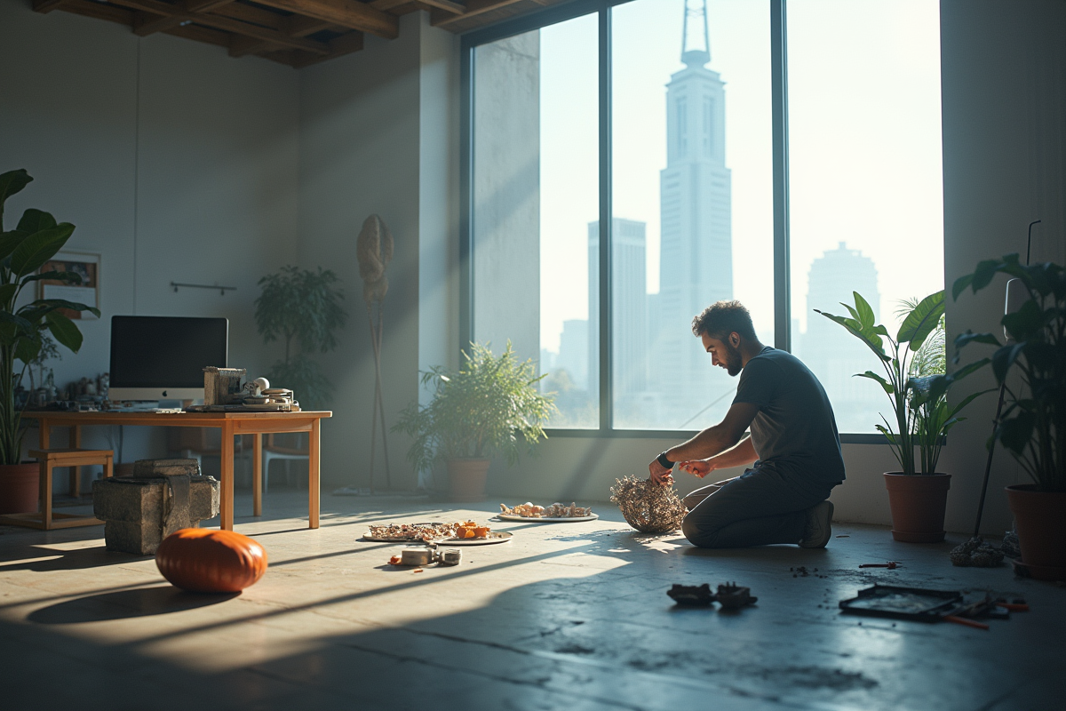 Inventeur seul dans un studio minimaliste assemble un appareil innovant