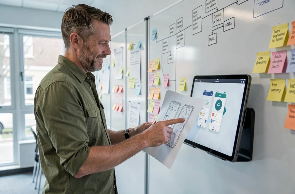 Chef de projet de l'agence Jeemeo présentant un prototype de site web sur tablette