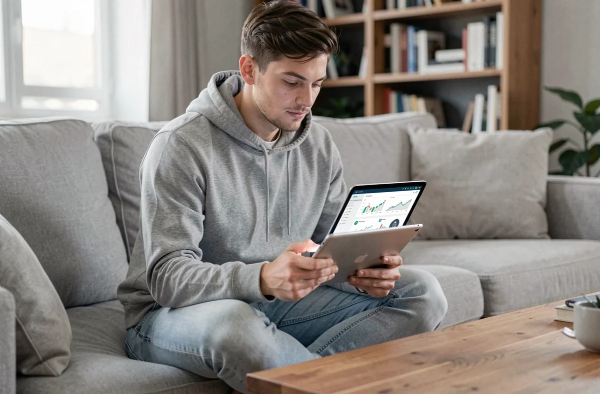 Jeune homme débutant naviguant facilement sur l'espace conseillers AKEO depuis son salon avec une tablette