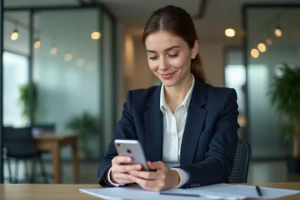 Jeune femme d'affaires en bureau moderne utilisant son smartphone