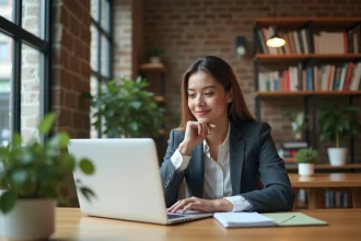 Jeune femme en coworking avec ordinateur et documents