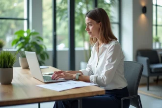 Jeune femme professionnelle travaillant sur un ordinateur dans un bureau lumineux