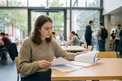 Jeune femme en sweater dans une cafeteria universitaire