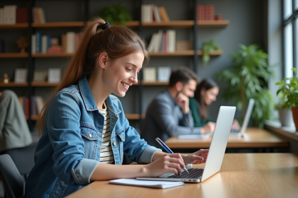 Jeune femme en coworking avec ordinateur et notes