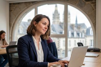 Jeune femme en blazer studyant des offres d'emploi sur son ordinateur