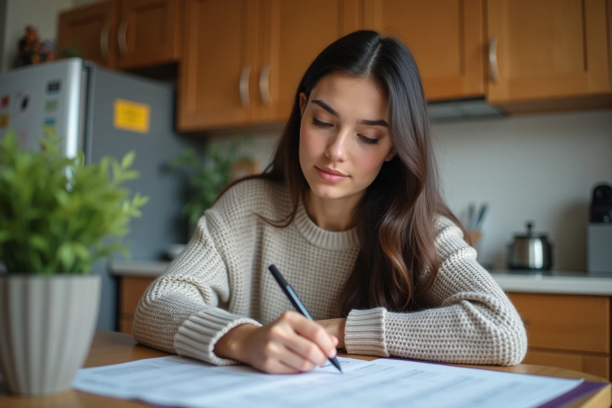 Jeune &eacute;ducatrice sociale examinant une grille salariale &agrave; la maison