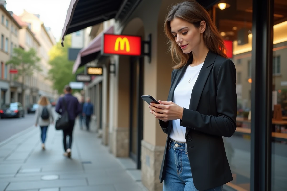 Jeune femme regardant son téléphone devant un restaurant moderne