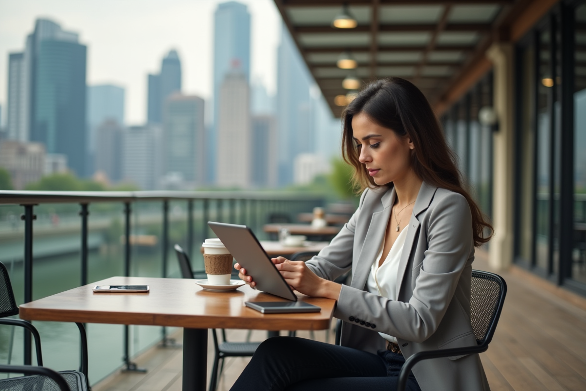 Jeune entrepreneure travaillant sur une tablette en terrasse