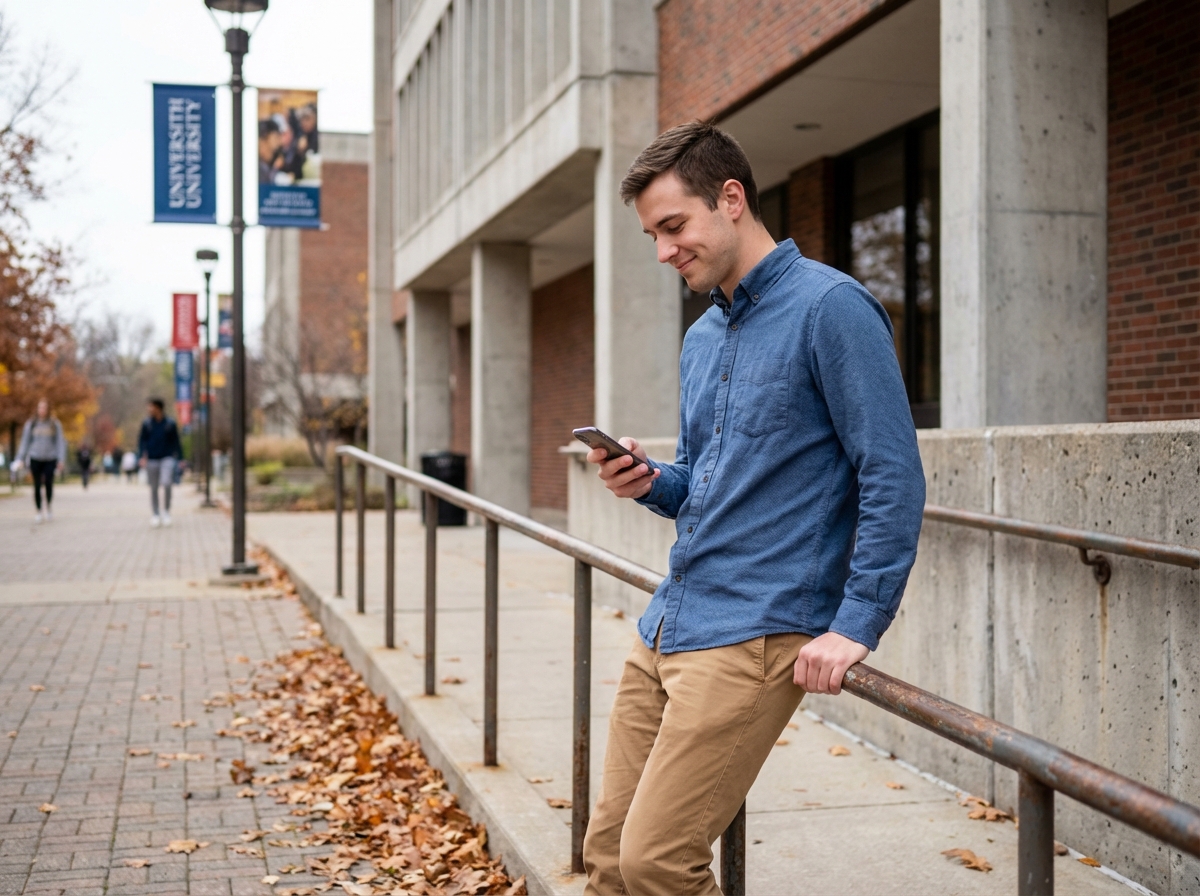 Jeune homme regardant son t&eacute;l&eacute;phone devant un b&acirc;timent universitaire