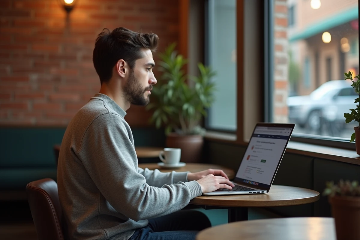 Jeune homme regarde son ordinateur dans un café