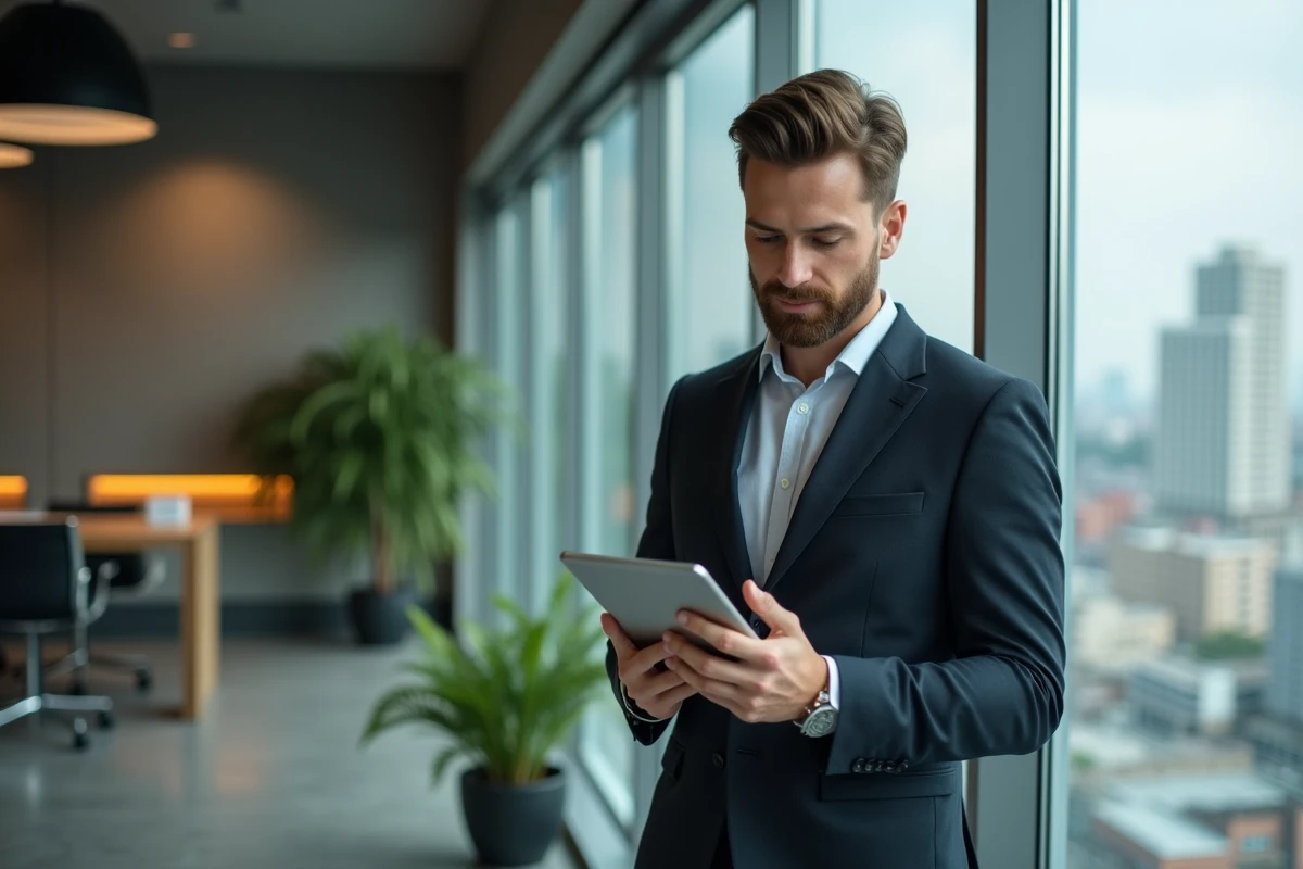 Jeune homme professionnel regardant un document sur tablette