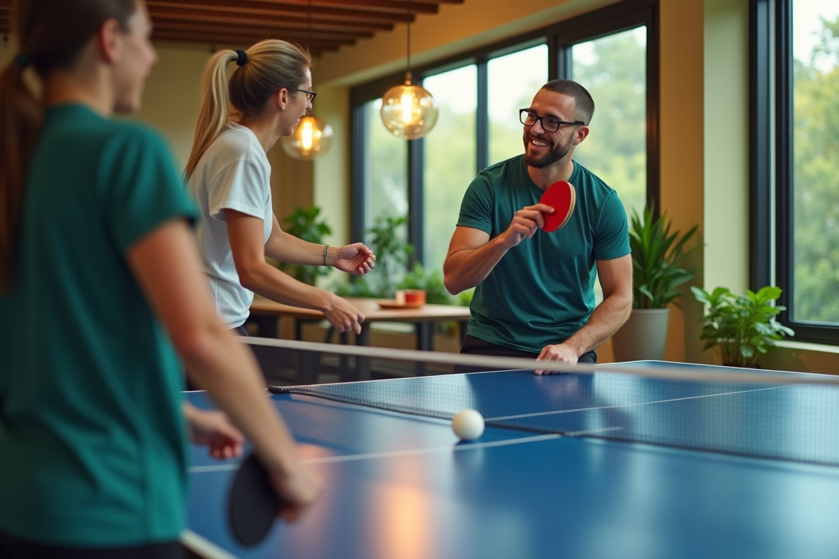 Collègues jouant au tennis de table dans un espace vert et moderne