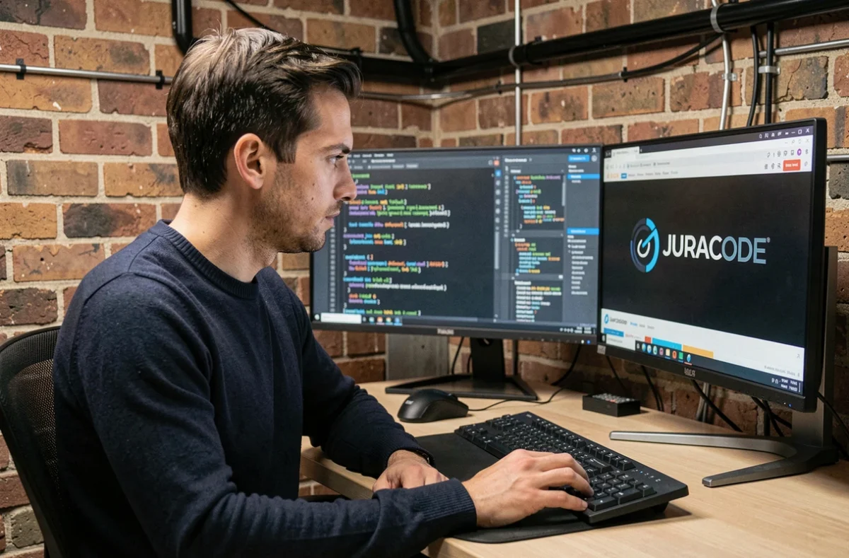 Développeur web de JURACODE travaillant sur du code et une interface de site internet dans un studio moderne