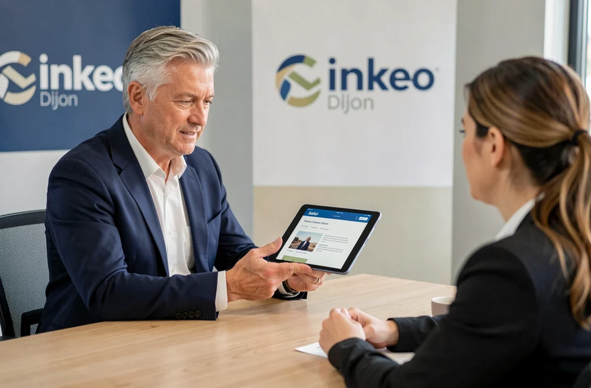 Consultant de Linkeo Dijon présentant une proposition de site internet sur tablette à un client PME
