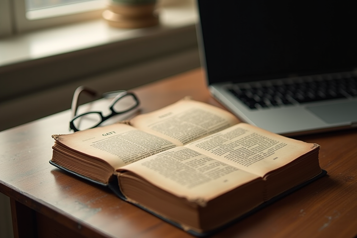 Livre GATT ouvert avec ordinateur portable sur un bureau en bois