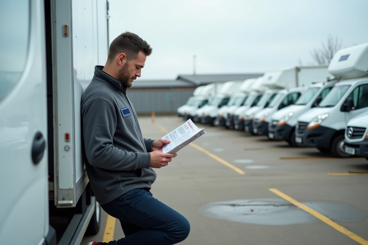 Livreur Chronopost lisant un tract syndical CSE dans un dépôt logistique, conditions de travail des chauffeurs-livreurs