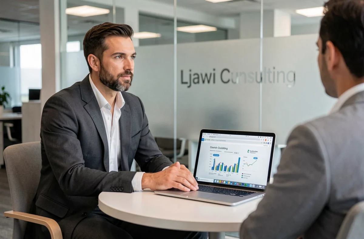 Consultant digital de Ljawi Consulting en réunion client avec une présentation de stratégie web ouverte sur laptop