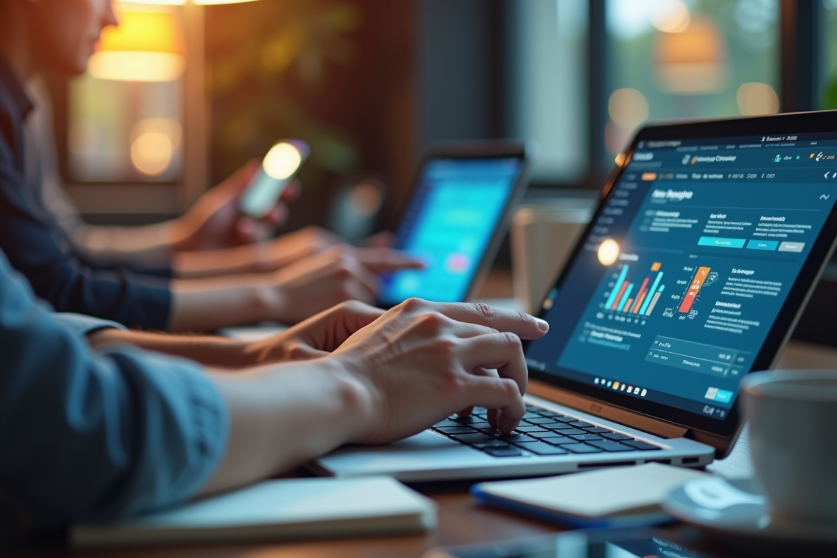 Mains tapant sur appareils numériques avec interface de gestion