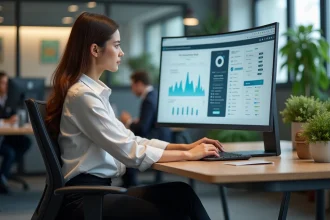 Manager femme examinant un tableau de bord numérique au bureau