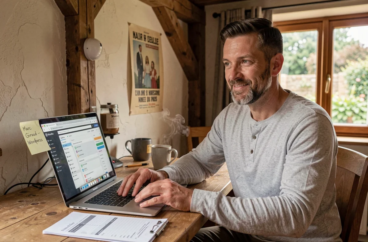 Freelance WordPress Marc Giraud travaillant sur un projet de site web depuis son bureau à domicile dans la Drôme