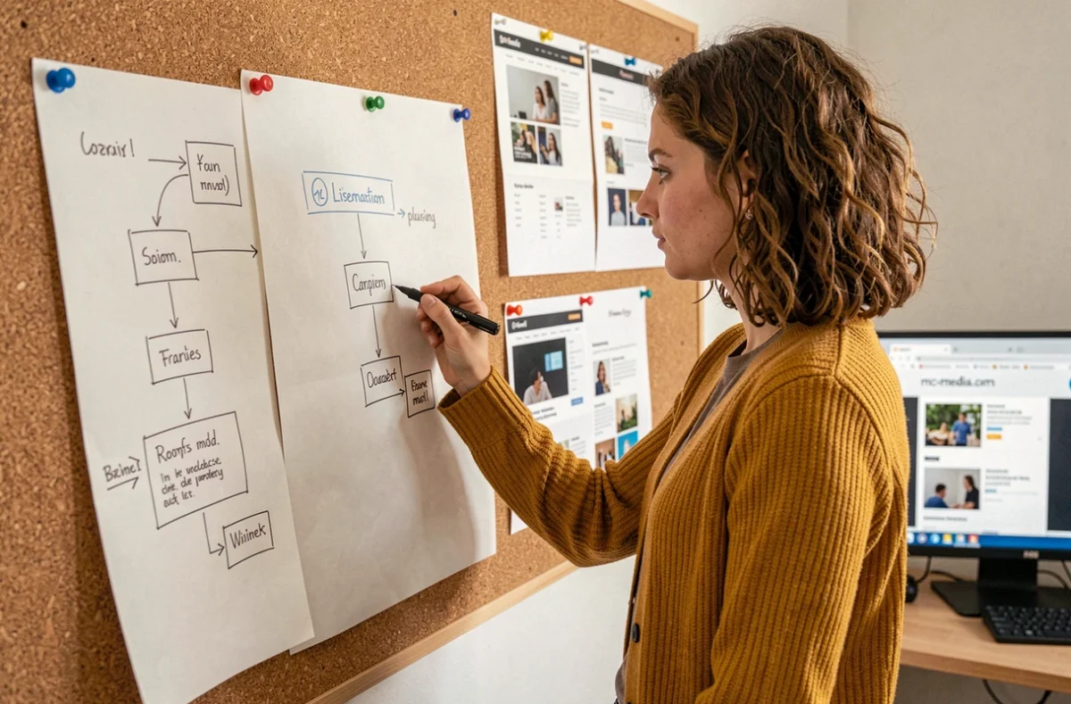 Designer UX de mc-media.com esquissant un parcours utilisateur pour un site web sur un tableau liège