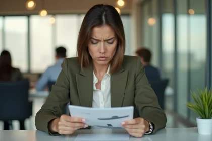 Femme d'affaires sceptique tenant un prospectus marketing dans un bureau moderne, illustrant la méfiance des consommateurs face à un mauvais positionnement de marque
