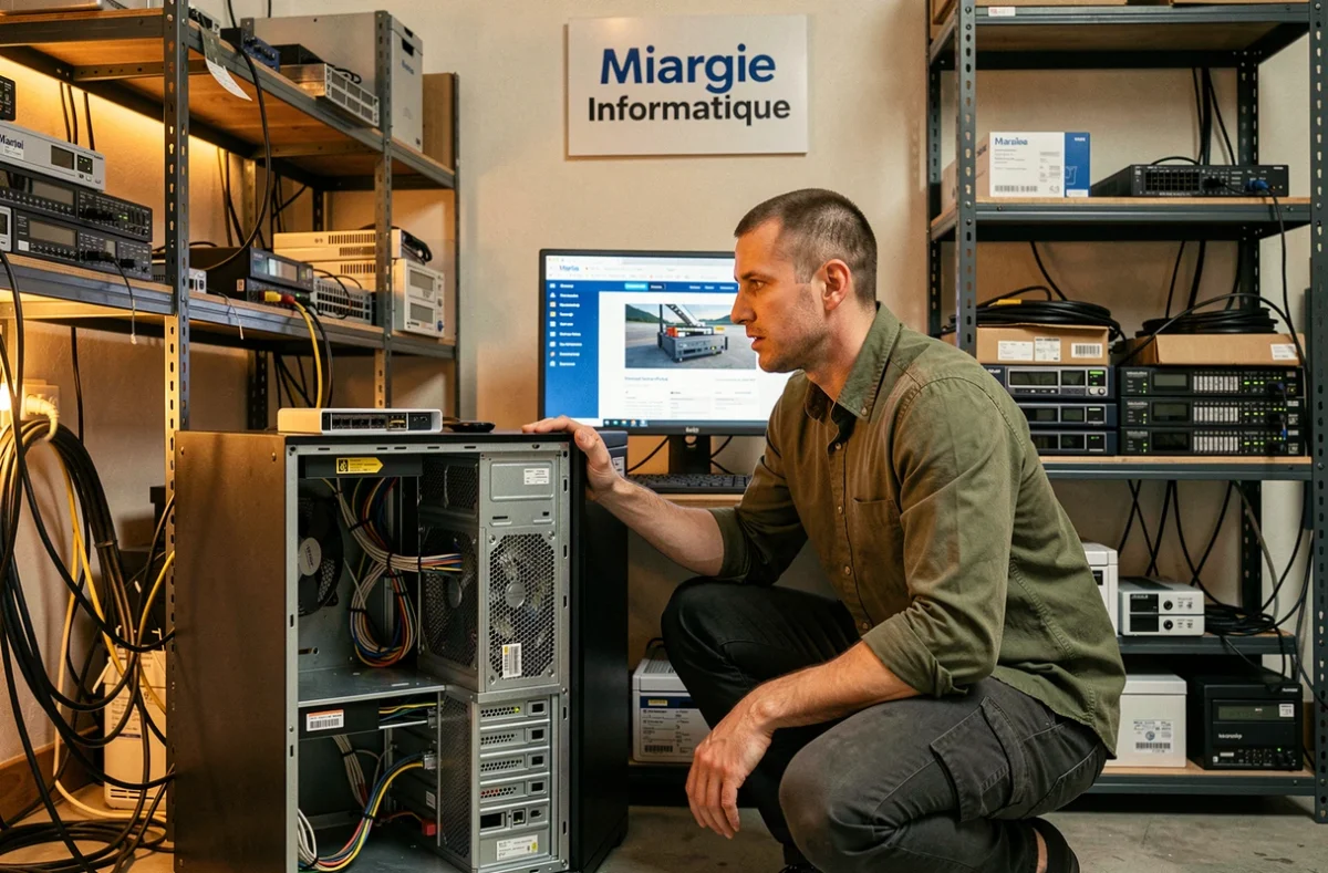 Technicien informatique de Mirage Informatique assemblant du matériel dans un atelier avec un site web en construction sur écran