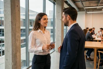 Deux jeunes professionnels échangeant des cartes de visite lors d'un événement de networking à Station F, campus de startups à Paris