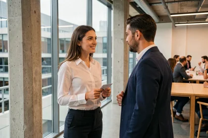 Deux jeunes professionnels échangeant des cartes de visite lors d'un événement de networking à Station F, campus de startups à Paris